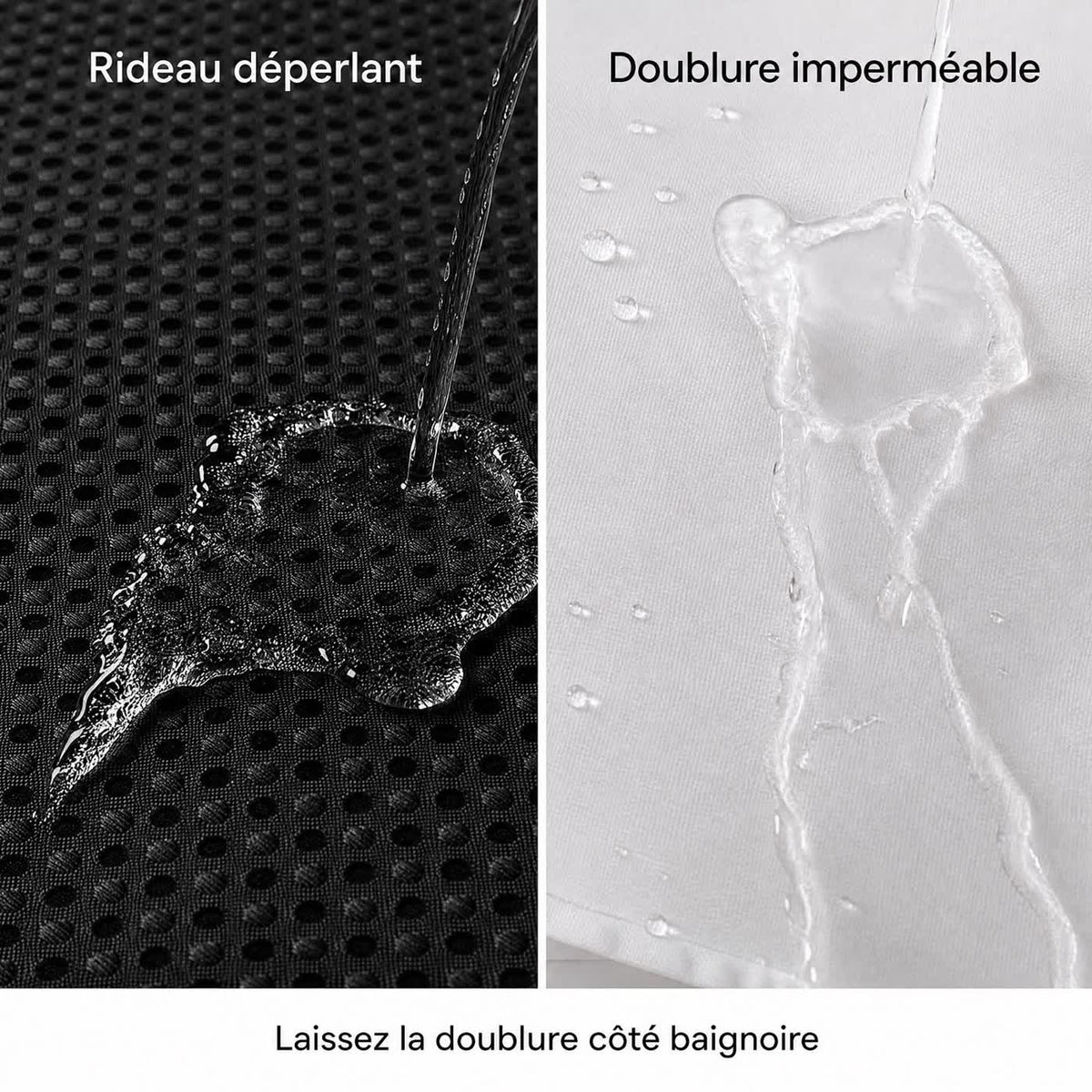 Démonstration : l'eau perle sur le rideau gaufré noir et reste à la surface de la doublure blanche