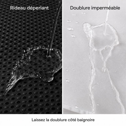 Démonstration : l'eau perle sur le rideau gaufré noir et reste à la surface de la doublure blanche