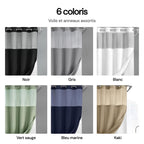 Les 6 coloris du rideau Aqualis™ : noir, gris, blanc, vert sauge, bleu marine et kaki, voile et anneaux assortis