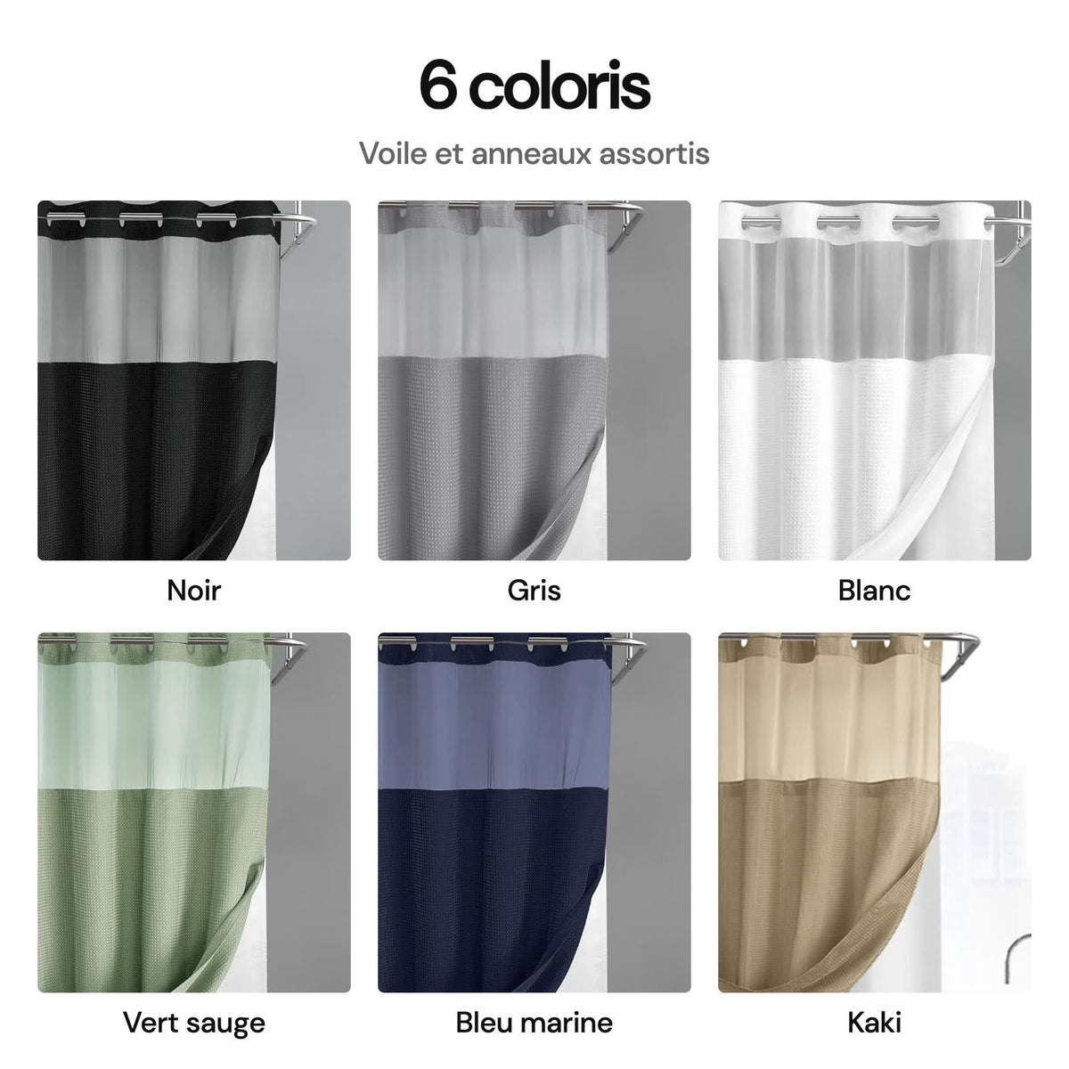 Les 6 coloris du rideau Aqualis™ : noir, gris, blanc, vert sauge, bleu marine et kaki, voile et anneaux assortis