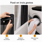 Mode d'emploi d'Aqualis™ en trois gestes : clipser les anneaux intégrés sur la tringle, doublure côté baignoire, déboutonner et laver
