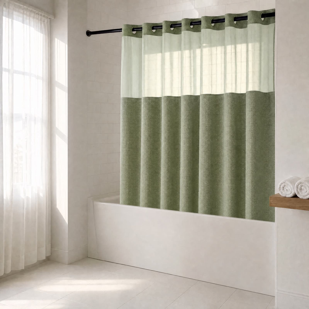 Rideau Aqualis™ vert sauge dans une salle de bain claire, la lumière de la fenêtre traverse le voile du haut