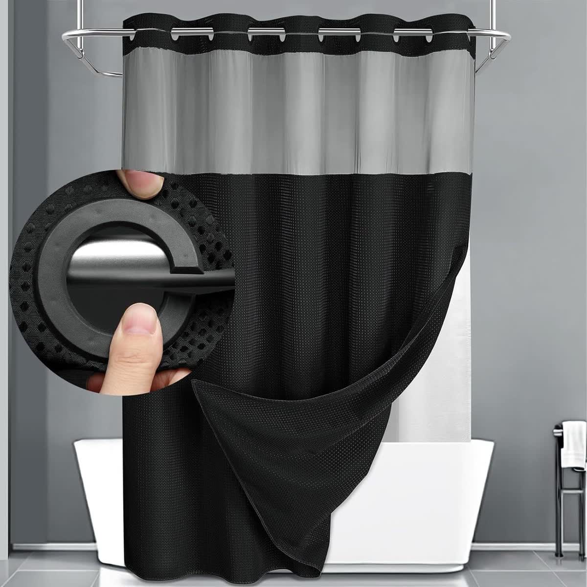 Rideau de douche Aqualis™ coloris noir, voile et anneaux assortis, doublure blanche