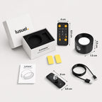 Contenu du coffret Lumora™ : applique, support magnétique, télécommande, adhésifs, câble USB-C et notice