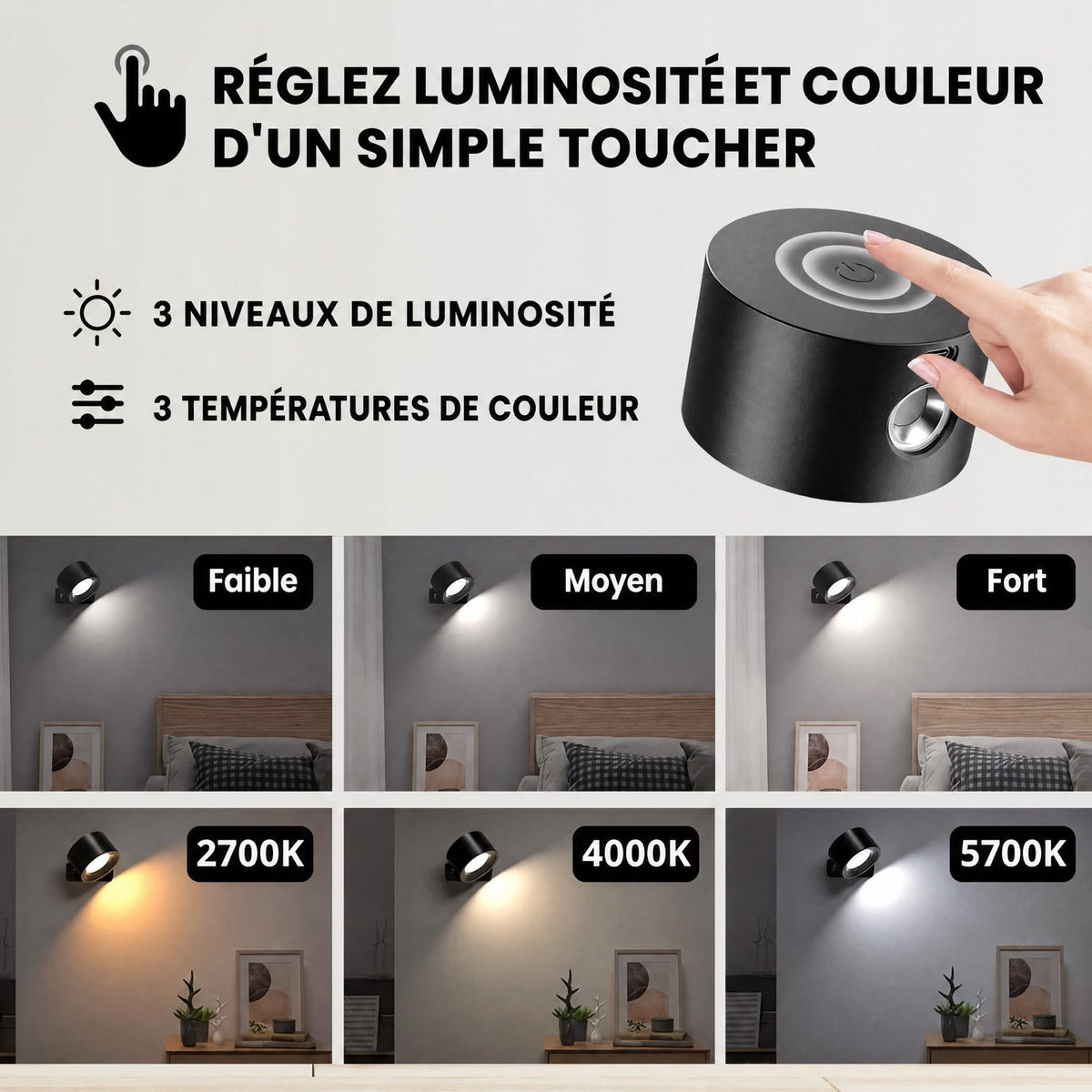 Commande tactile de Lumora™ : 3 niveaux de luminosité et 3 températures de couleur, 2700 K, 4000 K et 5700 K