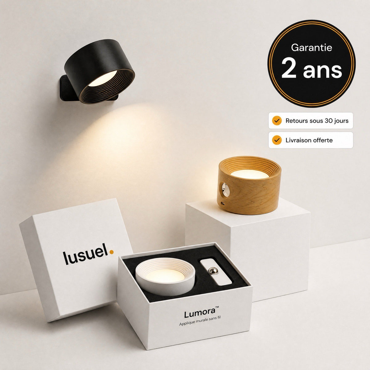 Appliques murales LED Lumora™ noire, blanche et bois avec leur coffret blanc ouvert, garantie 2 ans