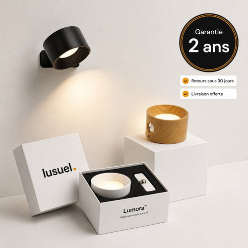Appliques murales LED Lumora™ noire, blanche et bois avec leur coffret blanc ouvert, garantie 2 ans