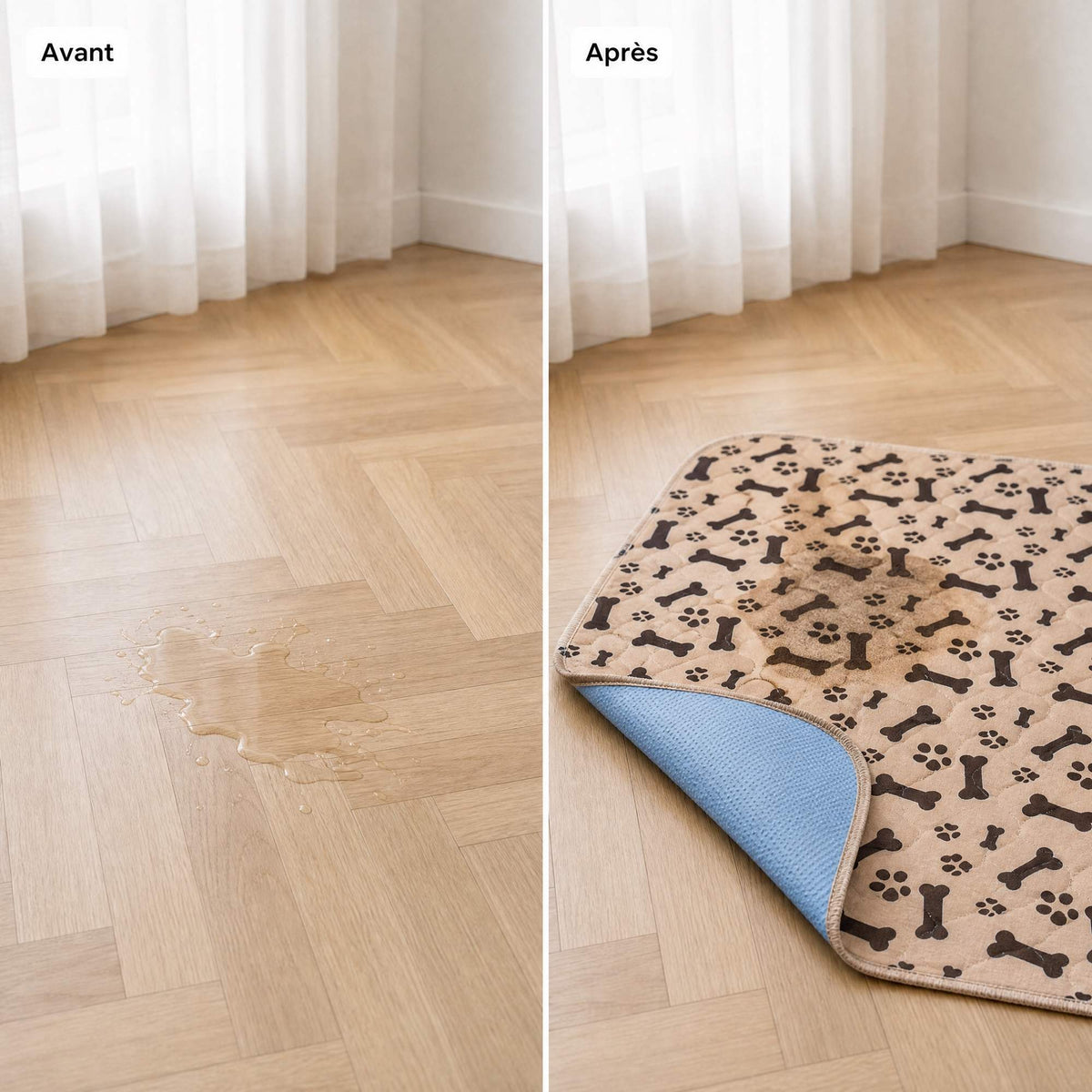 Avant et après : le tapis de propreté CaniMat™ absorbe le liquide, le sol reste sec