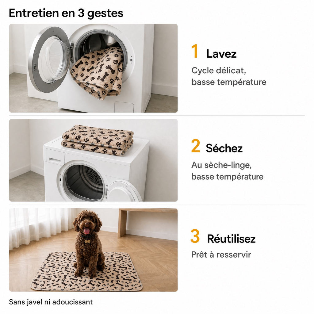 Entretien du tapis CaniMat™ : lavage en machine, sèche-linge, réutilisation