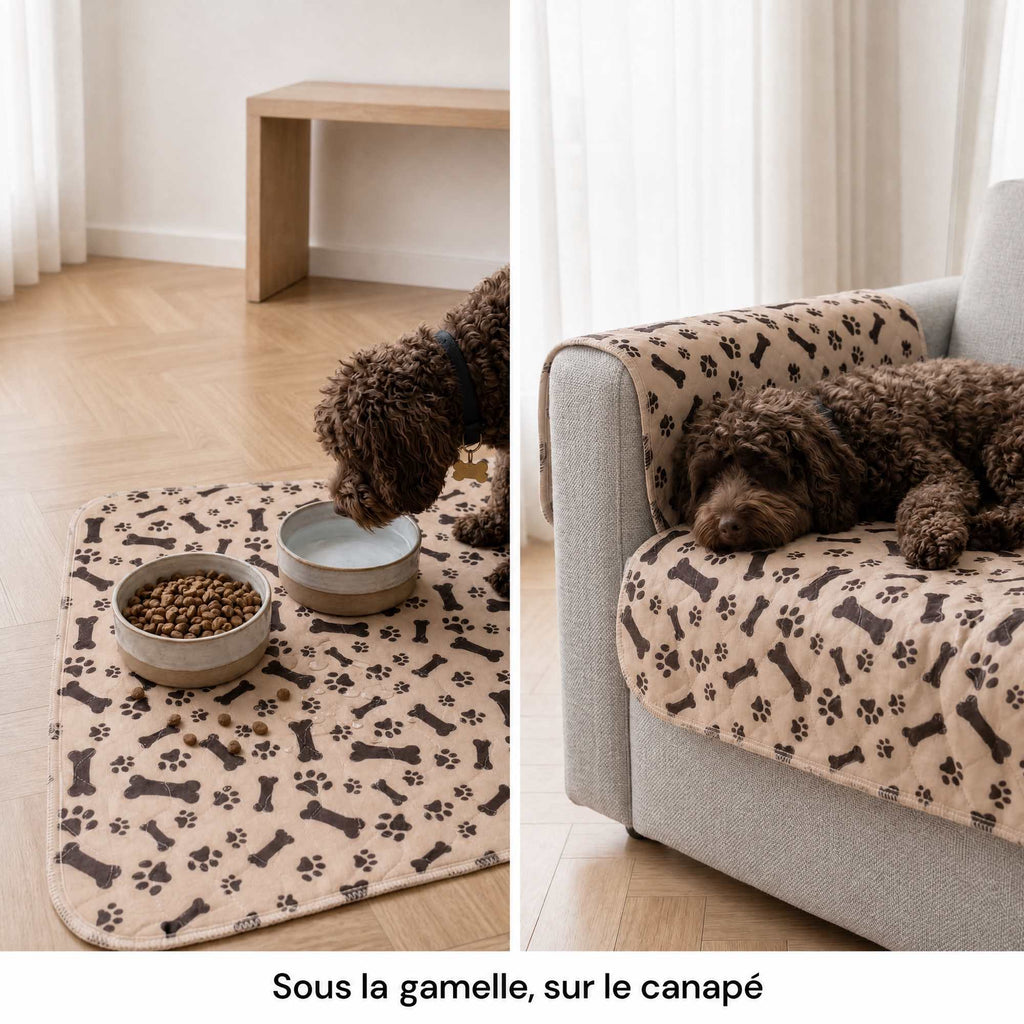 Tapis CaniMat™ sous la gamelle et sur le canapé