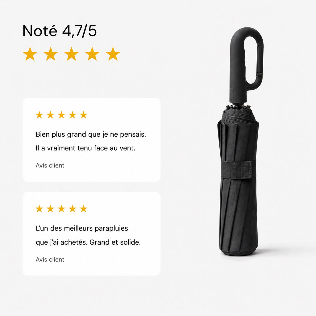 Parapluie Tokyo™ noir plié avec la note 4,7 sur 5 et deux avis clients.