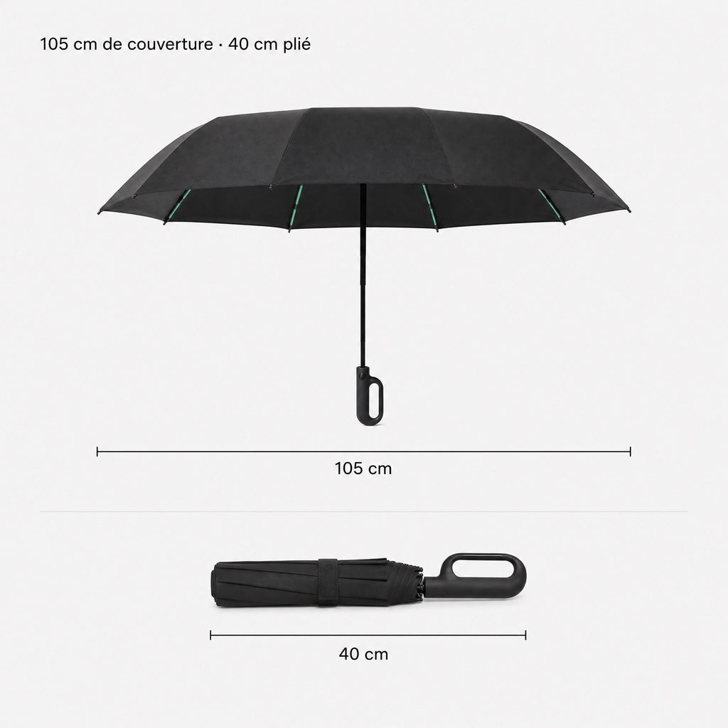 Parapluie Tokyo™ ouvert et plié avec ses cotes : 105 cm de couverture, 40 cm plié.
