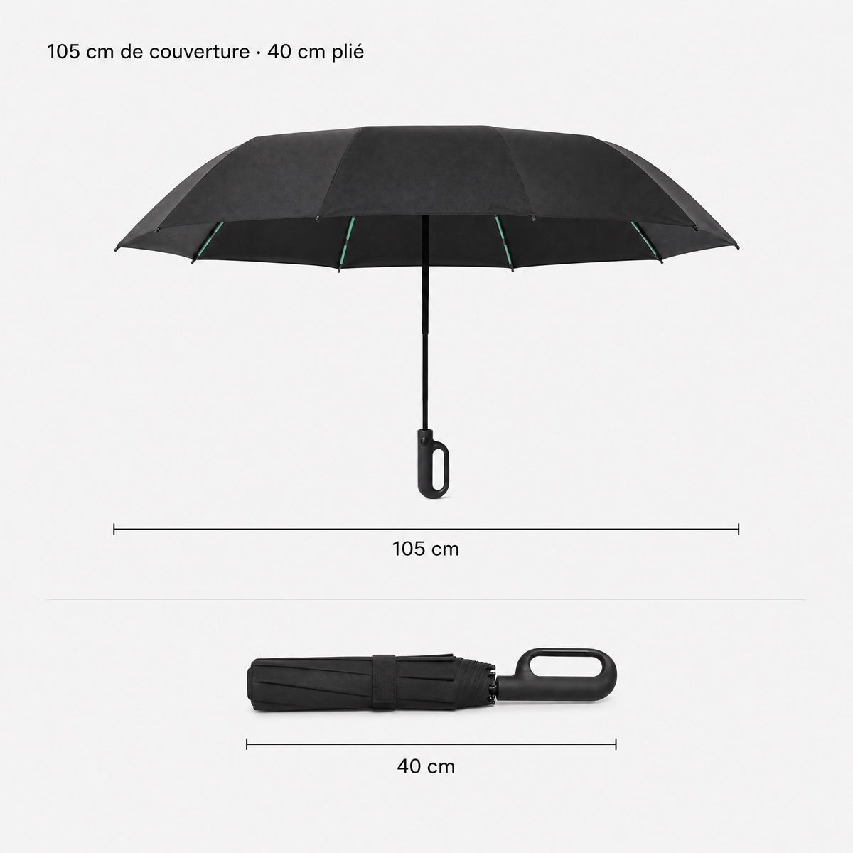 Parapluie Tokyo™ ouvert et plié avec ses cotes : 105 cm de couverture, 40 cm plié.