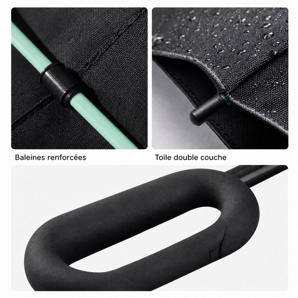 Gros plans du parapluie Tokyo™ : baleine menthe renforcée, toile double couche et poignée mousqueton noire.