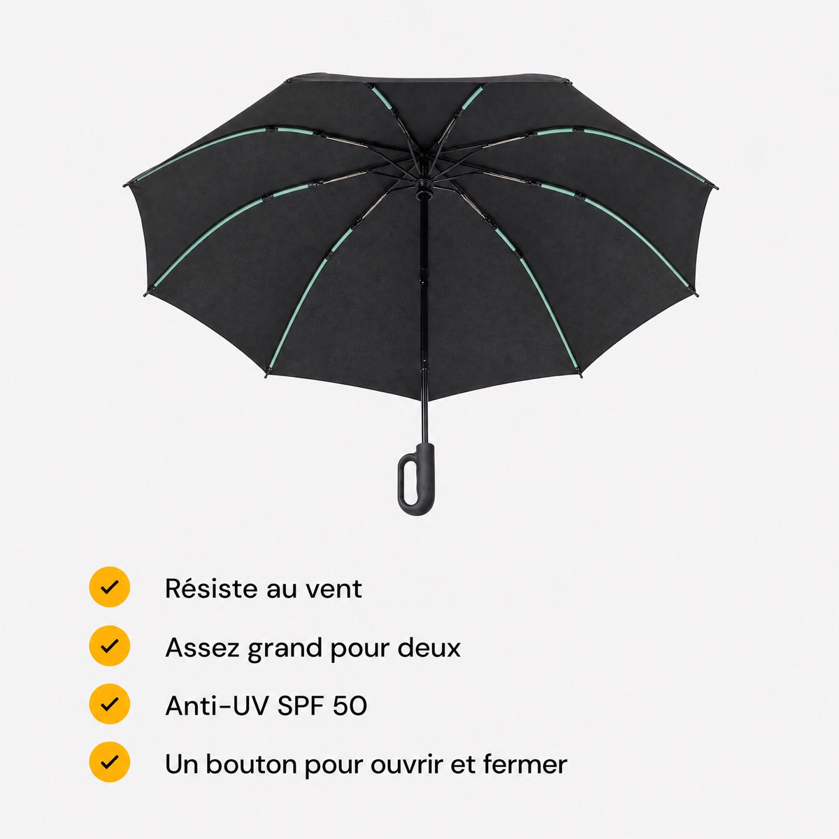 Parapluie Tokyo™ noir ouvert vu de dessous avec ses quatre bénéfices : vent, grande taille, anti-UV, un bouton.