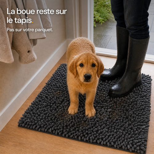 Des bottes de pluie mouillées et le chiot golden sur le tapis CleanPatte™ : la terre reste dans les mèches, le parquet reste propre