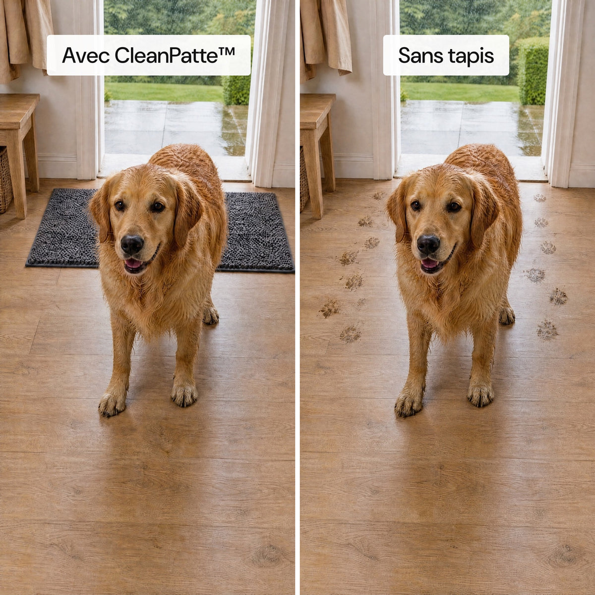 Avec CleanPatte™ le sol reste propre, sans tapis le chien laisse des traces de pattes boueuses