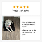 Avis client : chien blanc couché sur le tapis CleanPatte™ noir, note 4,8 sur 5