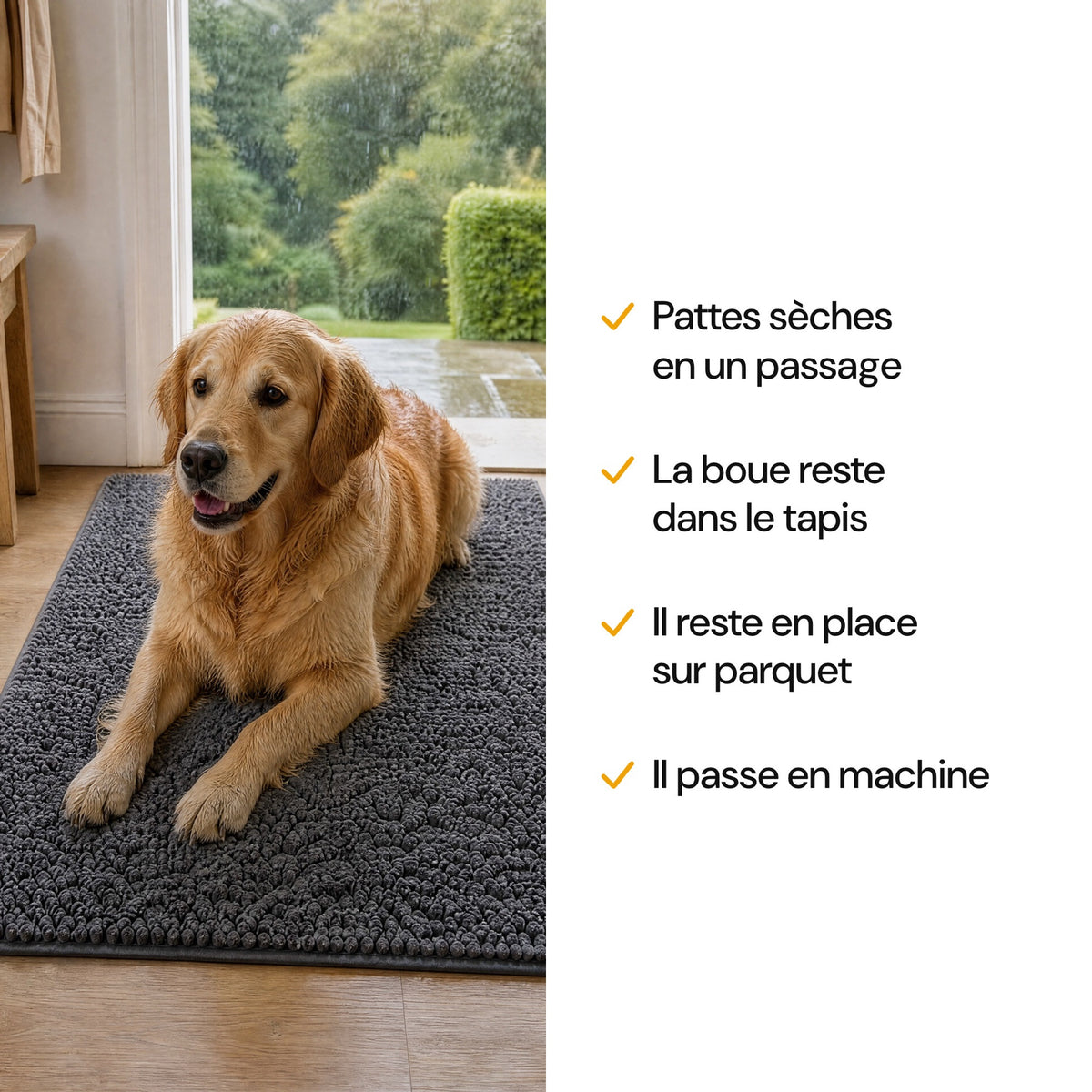 Golden retriever couché sur le tapis CleanPatte™ gris foncé, pattes sèches et boue retenue