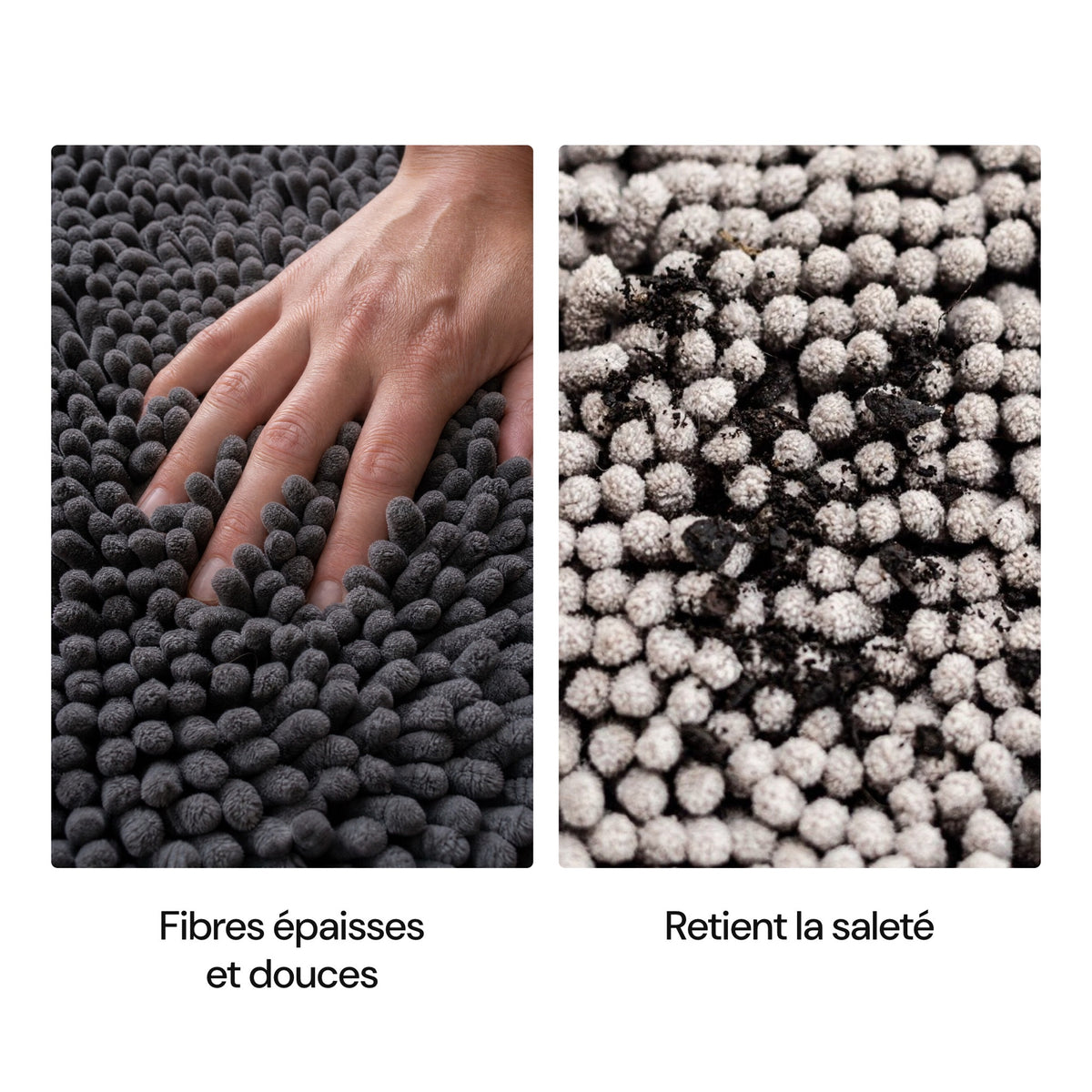 Une main s'enfonce dans les fibres épaisses de CleanPatte™, la saleté reste prise dans la chenille