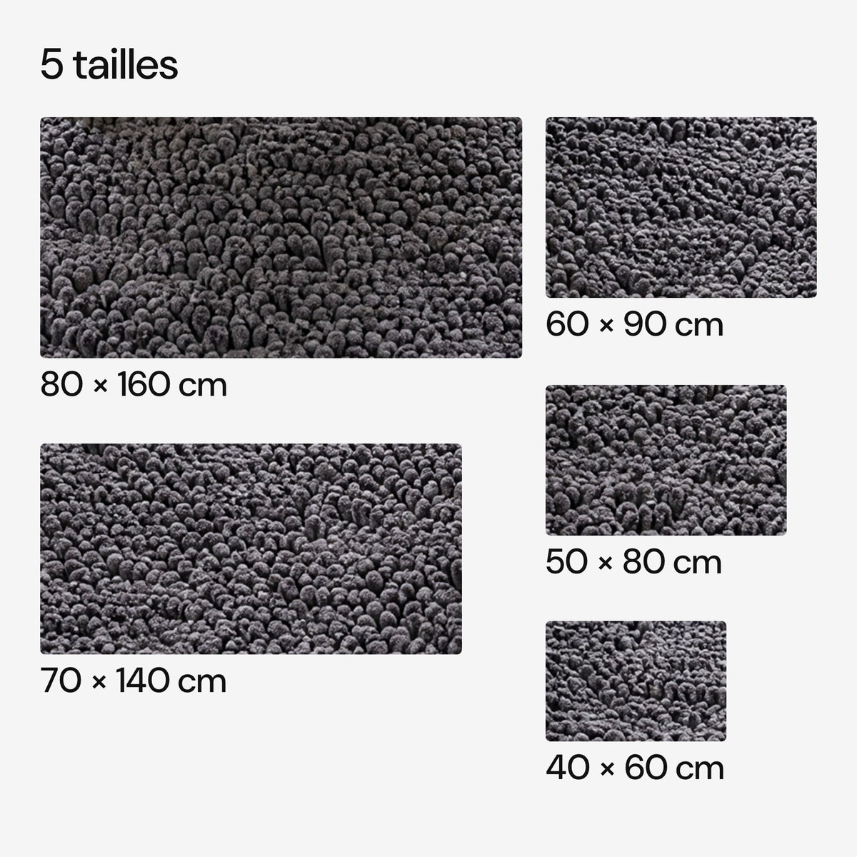 Les 5 tailles du tapis CleanPatte™ à l'échelle, de 40 × 60 cm à 80 × 160 cm